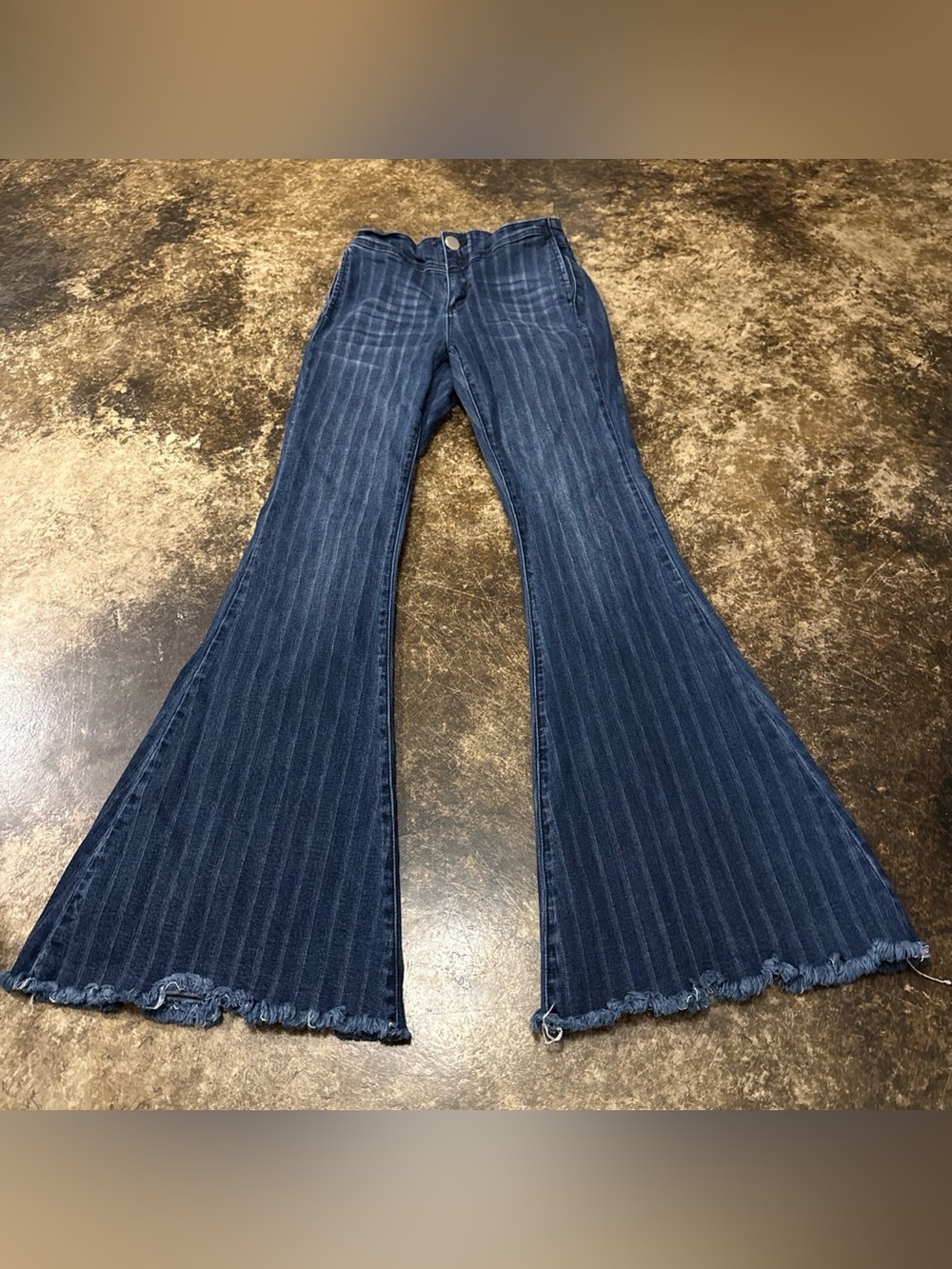 Dark Blue Pinstriped Flare Jeans with Frayed Hem
